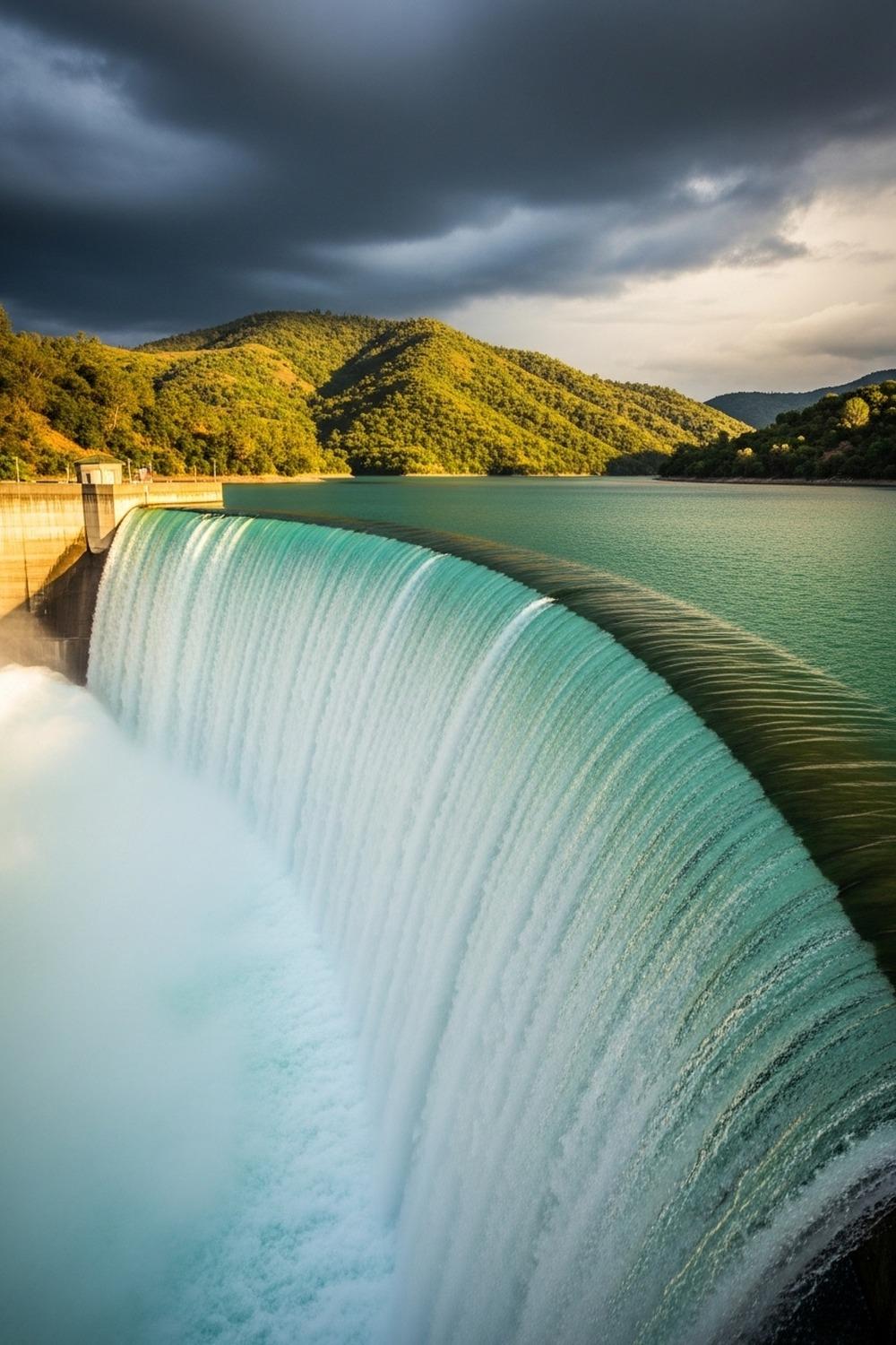 Overflowing California reservoir surrounded by lush green hills after record rainfall season