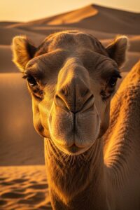 Close-up portrait of a Saharan dromedary camel against golden desert dunes at dusk
