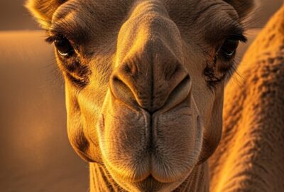 Close-up portrait of a Saharan dromedary camel against golden desert dunes at dusk