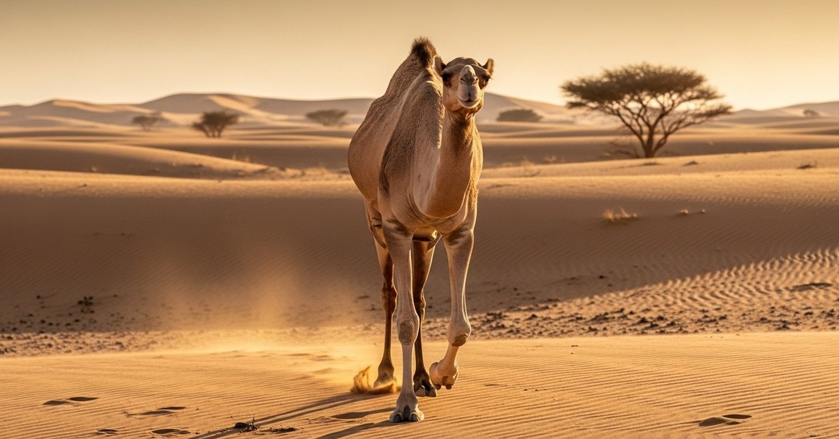Dromedary camel drinking deeply at a desert oasis under blazing midday sun