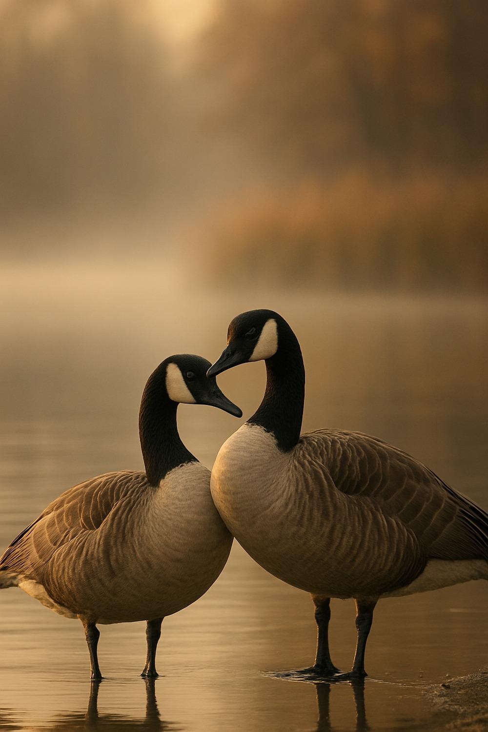Two Canada geese standing together on a misty autumn lakeshore at dawn