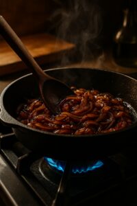 Cast iron skillet of deeply caramelized golden onions stirred with a wooden spoon over blue flame