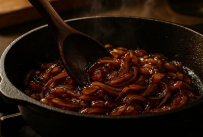 Cast iron skillet of deeply caramelized golden onions stirred with a wooden spoon over blue flame