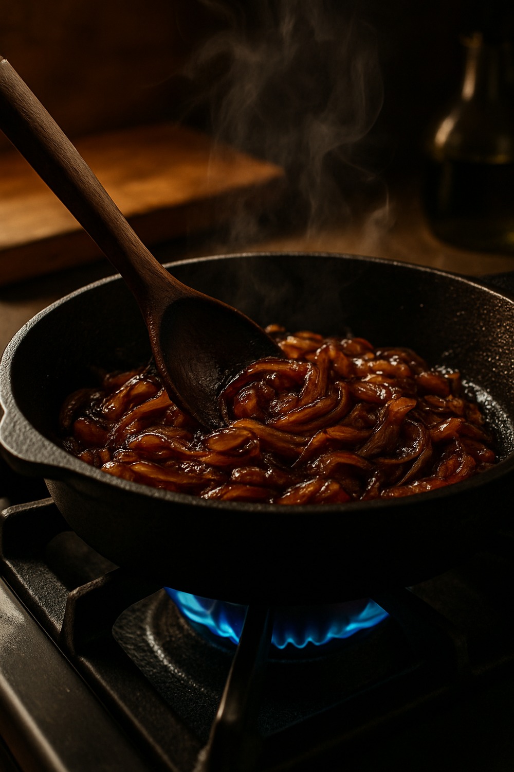 Cast iron skillet of deeply caramelized golden onions stirred with a wooden spoon over blue flame