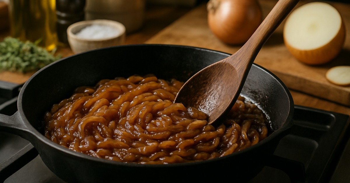 Close overhead view of glossy jammy caramelized onions mid-stir in a dark cast iron pan