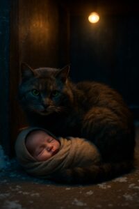 Stray cat curled protectively around a bundled newborn infant in a snowy entryway