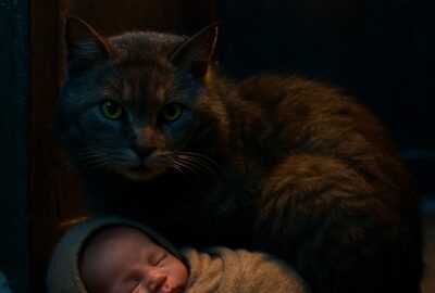 Stray cat curled protectively around a bundled newborn infant in a snowy entryway