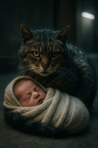 A stray cat curled protectively around a bundled newborn in a snowy Russian apartment entryway