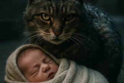 A stray cat curled protectively around a bundled newborn in a snowy Russian apartment entryway