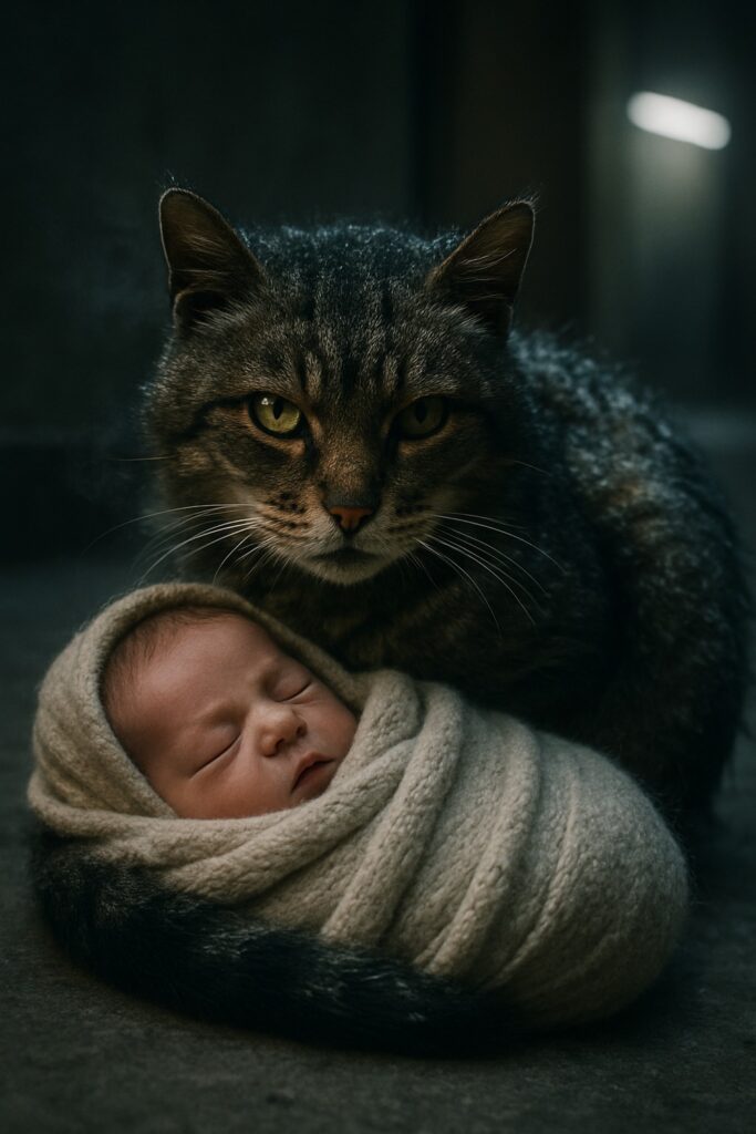 A stray cat curled protectively around a bundled newborn in a snowy Russian apartment entryway