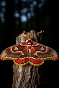 Giant Cecropia moth with wings spread wide resting on tree bark at night