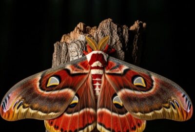 Giant Cecropia moth with wings spread wide resting on tree bark at night