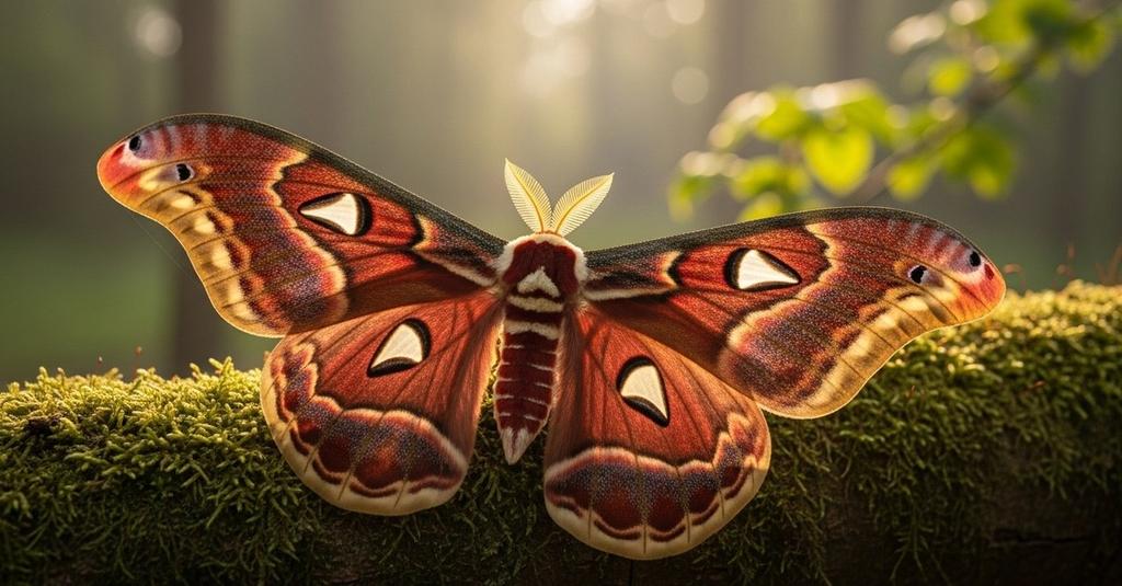 Close-up of Cecropia moth wing patterns showing vivid red and orange markings