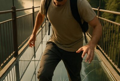 Visitor frozen in fear on a glass-bottomed bridge above a deep mountain gorge in China