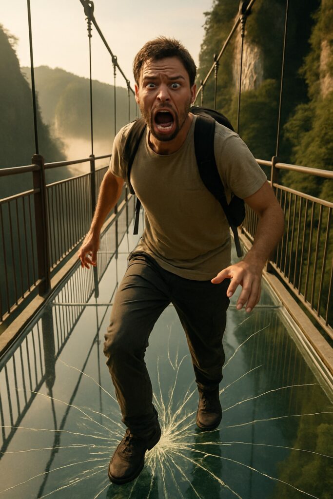 Visitor frozen in fear on a glass-bottomed bridge above a deep mountain gorge in China