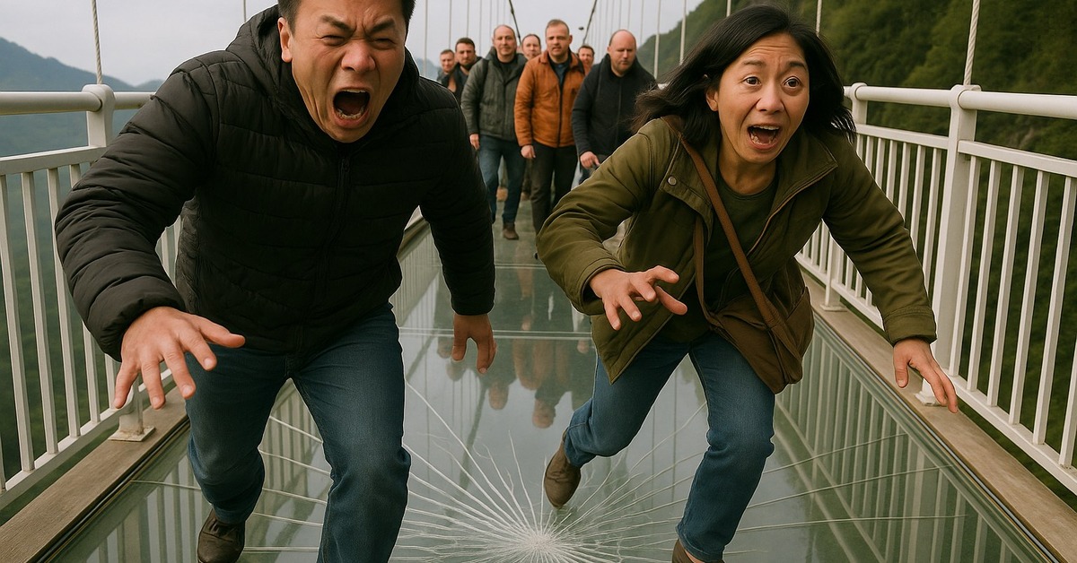 Close-up of cracking fracture illusion pattern spreading across a glass bridge panel