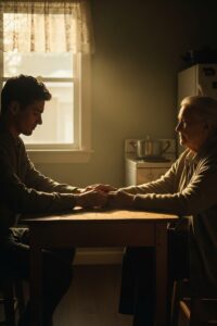 Young man gently holding the hand of a frail elderly woman at a warmly lit kitchen table