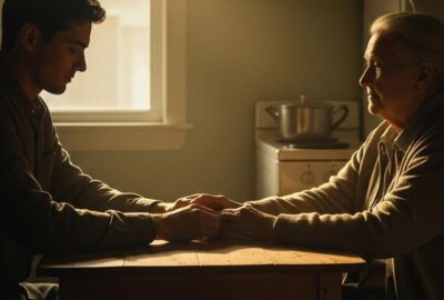 Young man gently holding the hand of a frail elderly woman at a warmly lit kitchen table