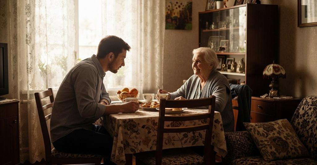 Elderly woman smiling softly in a cozy apartment living room with afternoon light