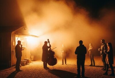 Classical musician playing instrument under late-night highway lights near a BBQ stand