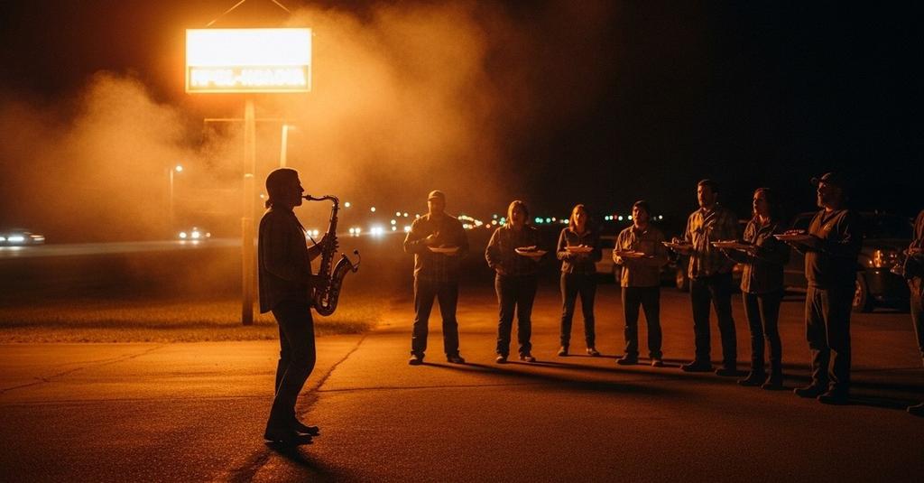 Smoke rising from a roadside BBQ as a lone musician performs for surprised strangers