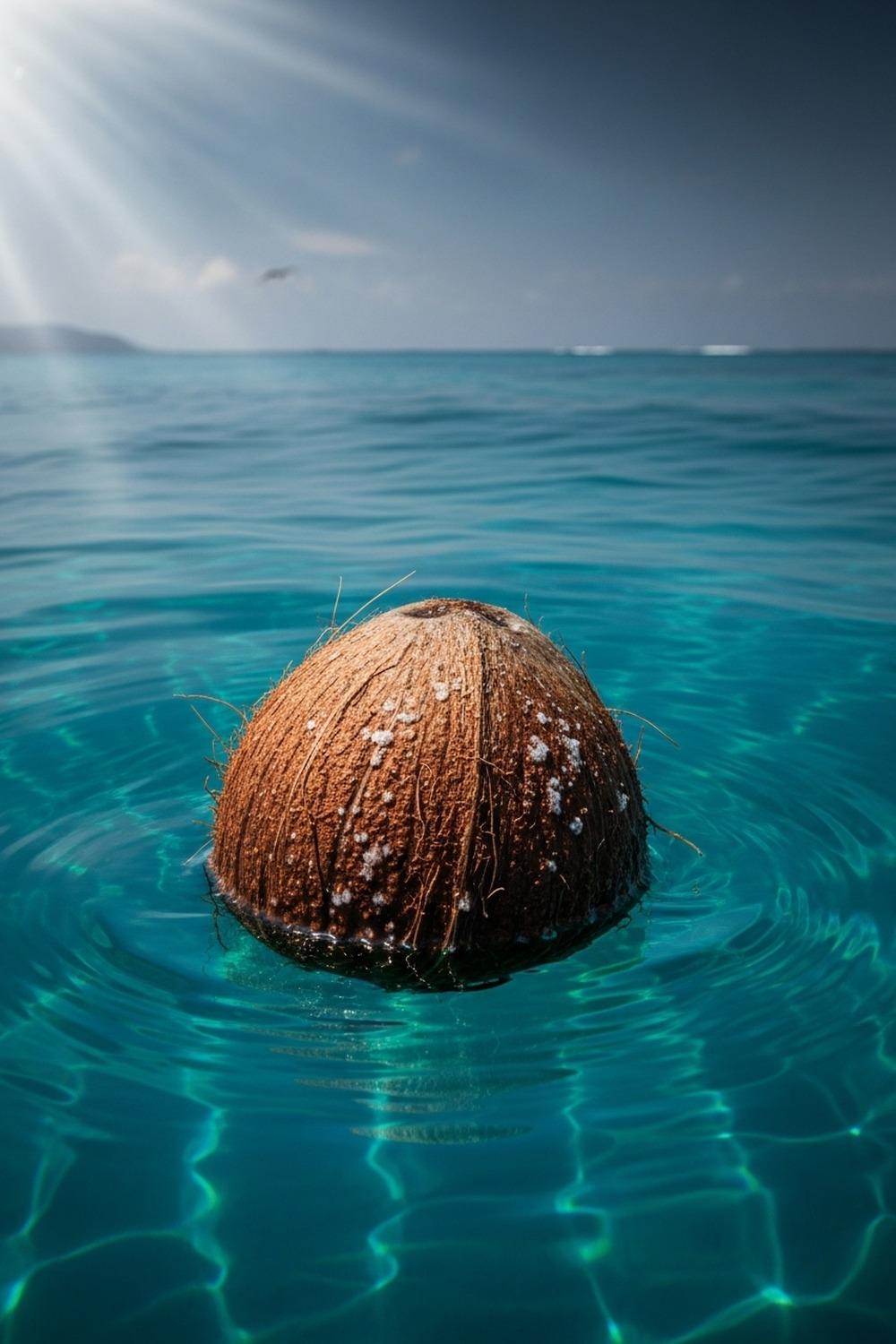 A ripe coconut floating in clear turquoise ocean water near a tropical shoreline
