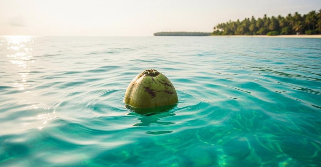 Young coconut palm sprouting from a sandy beach at the edge of the tide