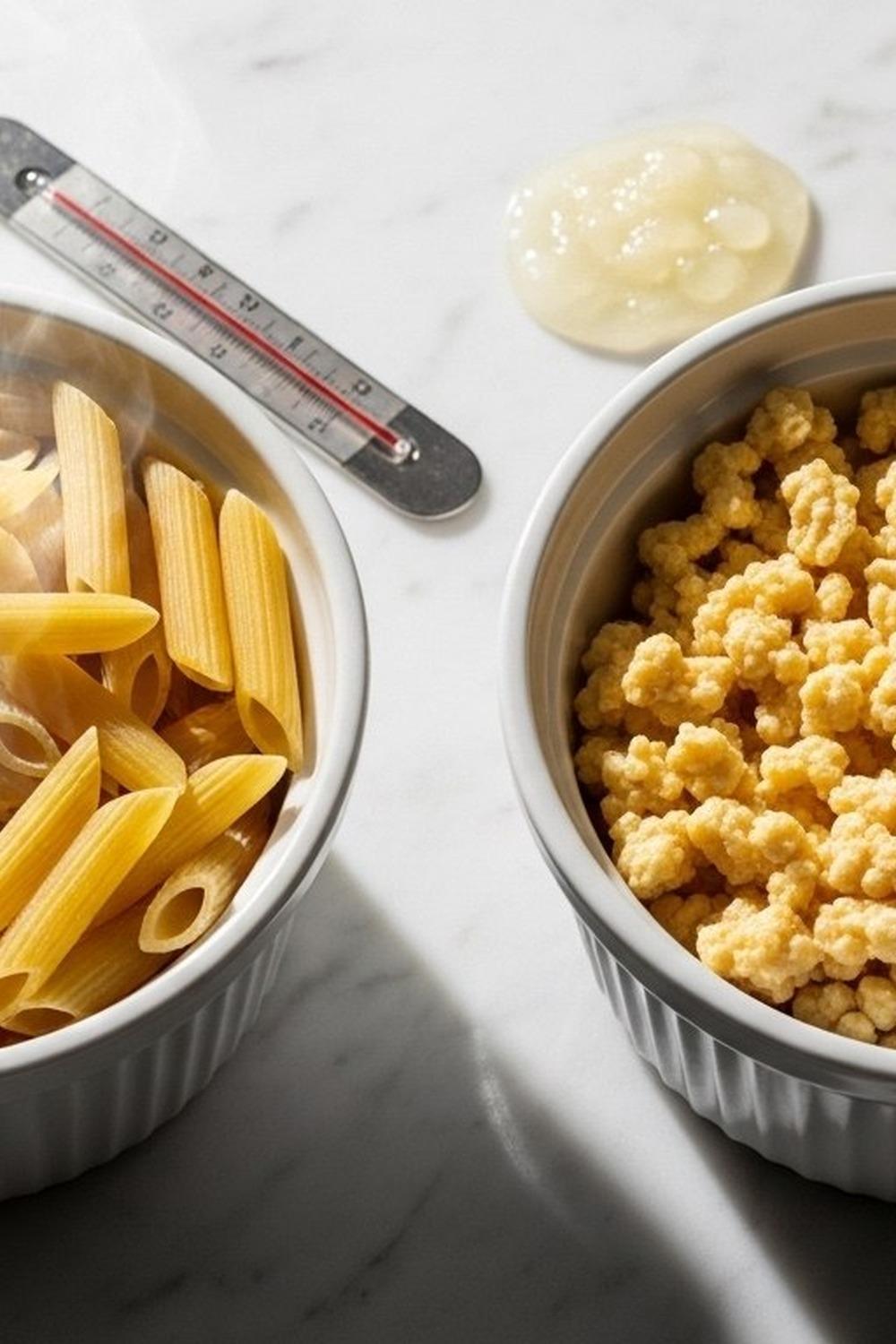 Close-up of cold leftover pasta in a glass container inside a refrigerator at night