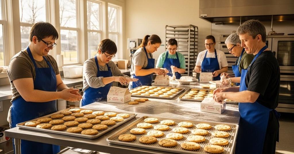 Rows of handcrafted cookies cooling on a rack inside a small bustling bakery