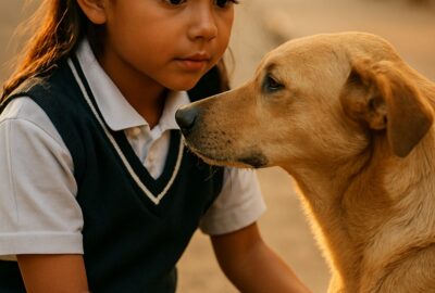 Young Colombian girl gently petting a stray dog on a sunlit city street