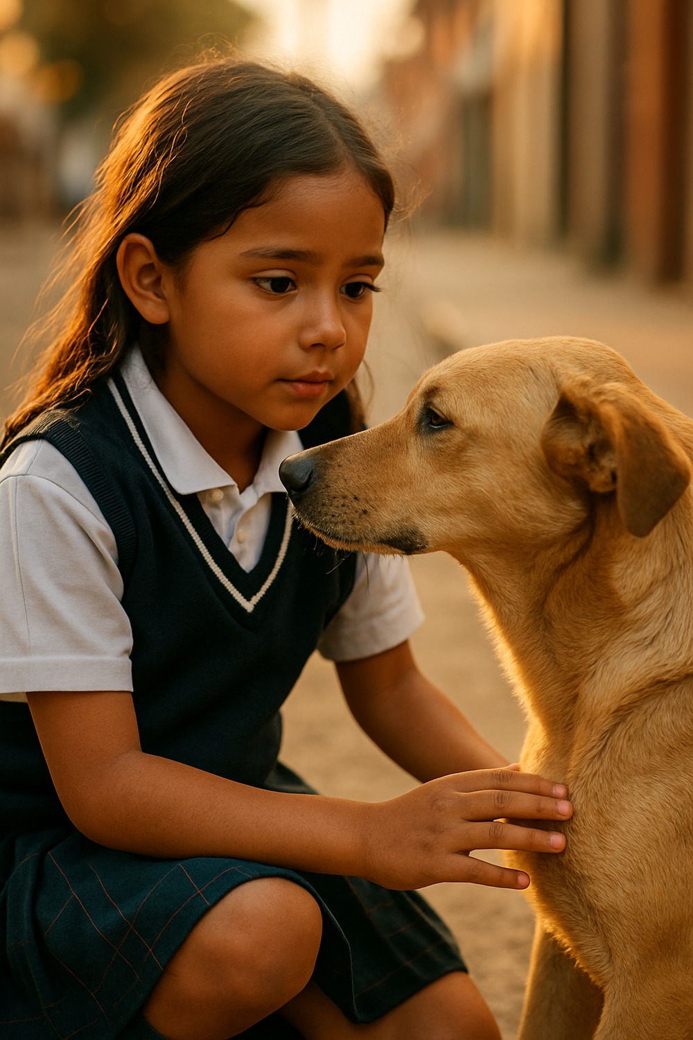 Young Colombian girl gently petting a stray dog on a sunlit city street