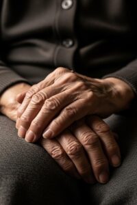 Elderly Korean comfort woman survivor seated with dignified expression, soft dramatic light