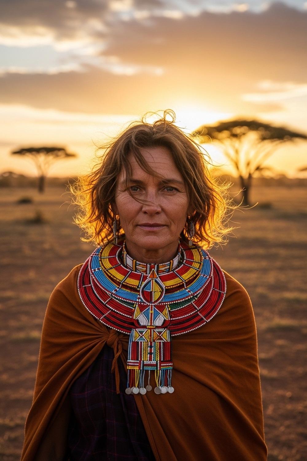 Swiss woman in traditional Samburu beaded jewelry standing in arid northern Kenya landscape