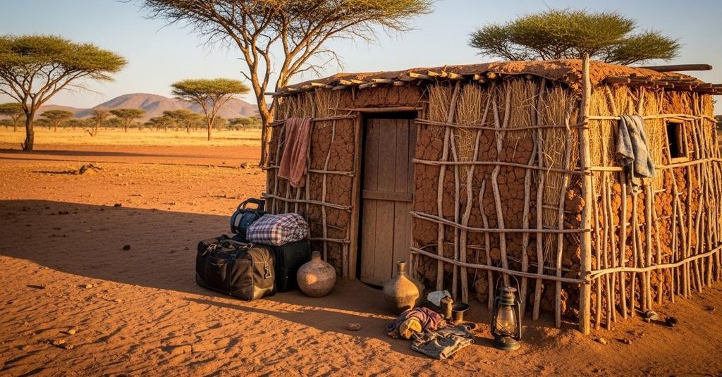 Traditional Samburu manyatta mud hut at golden hour in remote Barsaloi Kenya