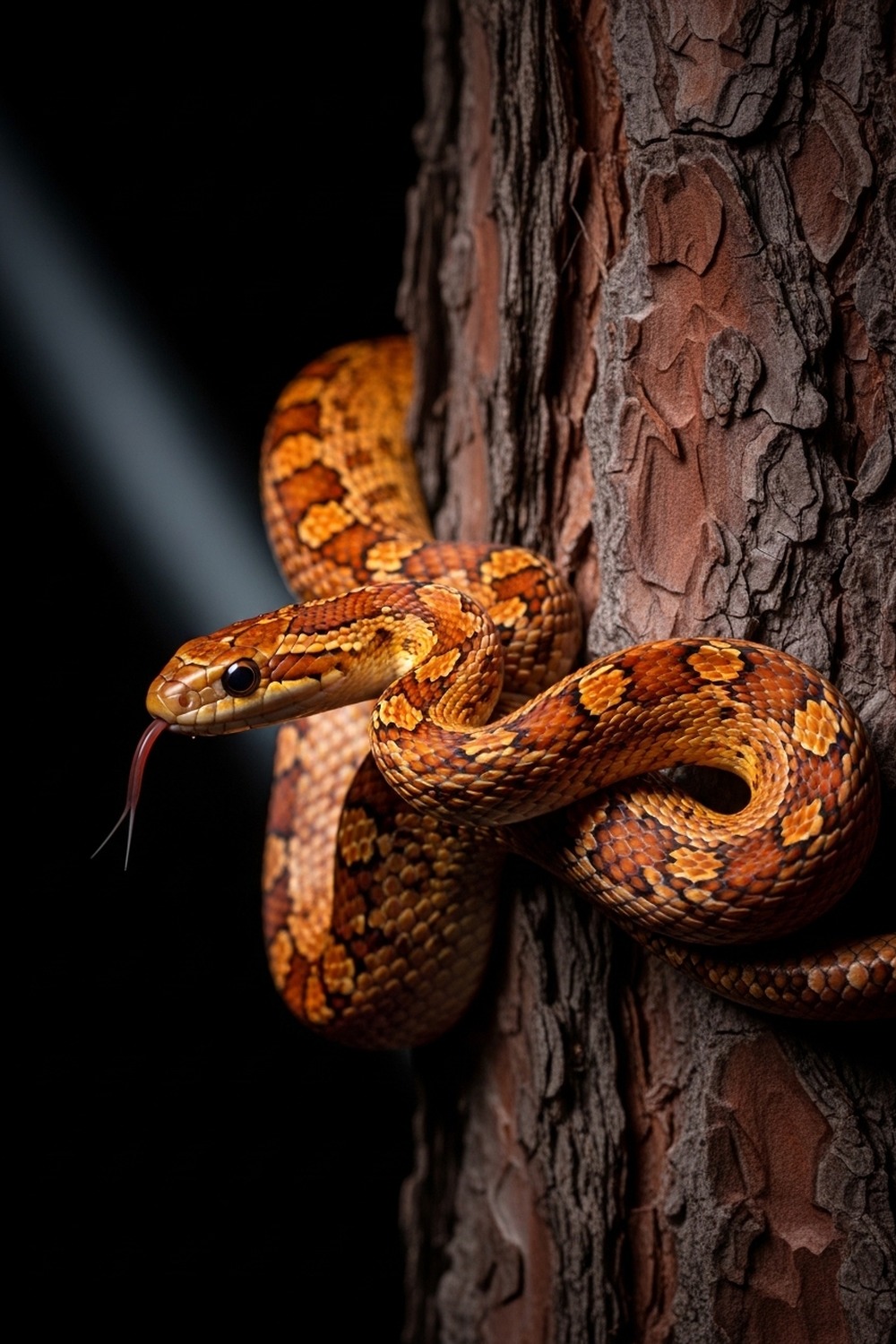 A vibrant corn snake coiled around a pine tree branch at night in Georgia