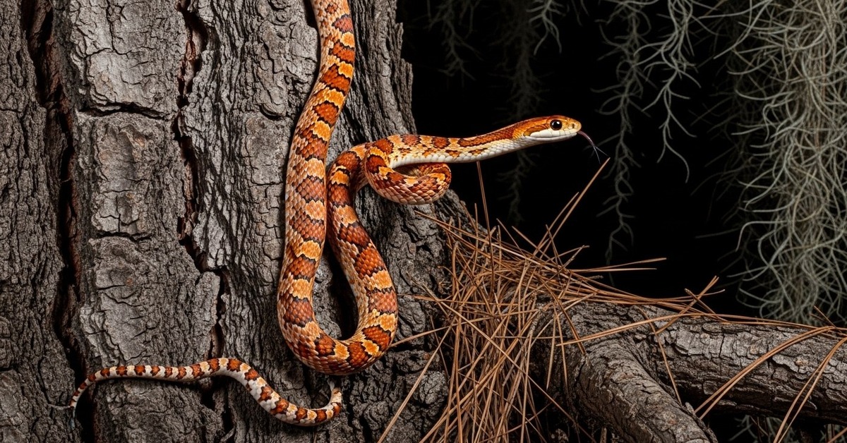 Close-up of corn snake saddle blotch patterns on orange and copper scales