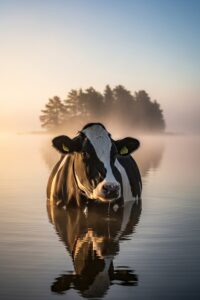 A lone cow standing on a small island surrounded by calm lake water in Poland