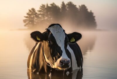 A lone cow standing on a small island surrounded by calm lake water in Poland