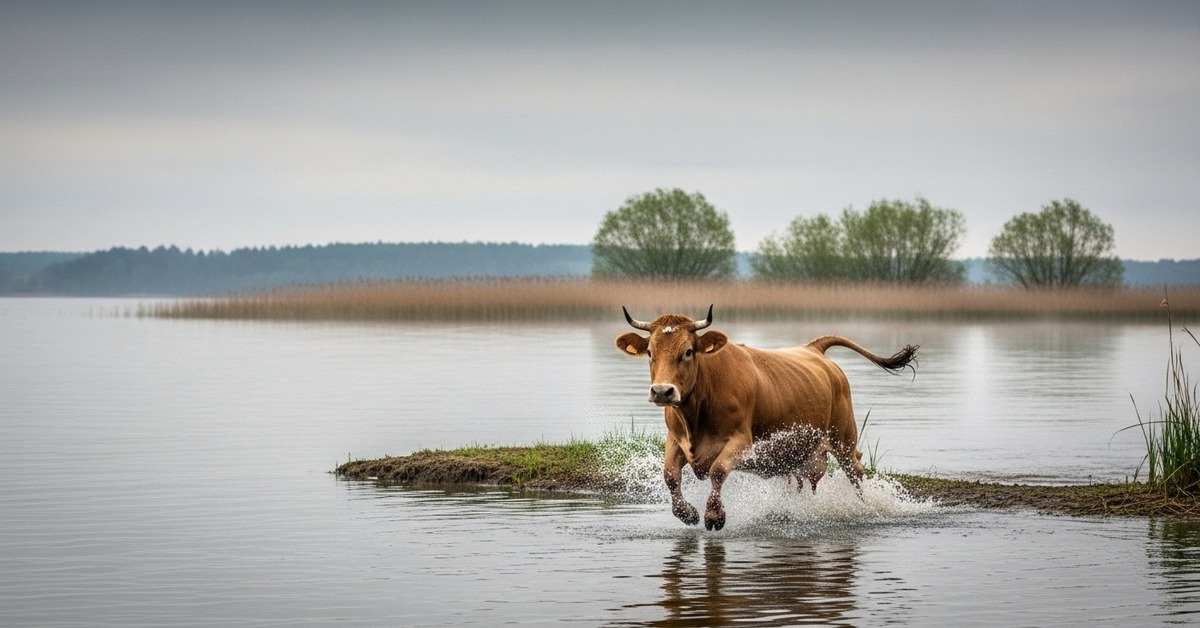 Holstein cow wading into a lake at dusk with tree-lined shores behind her