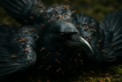 A crow spreads its wings flat on the forest floor over an ant colony
