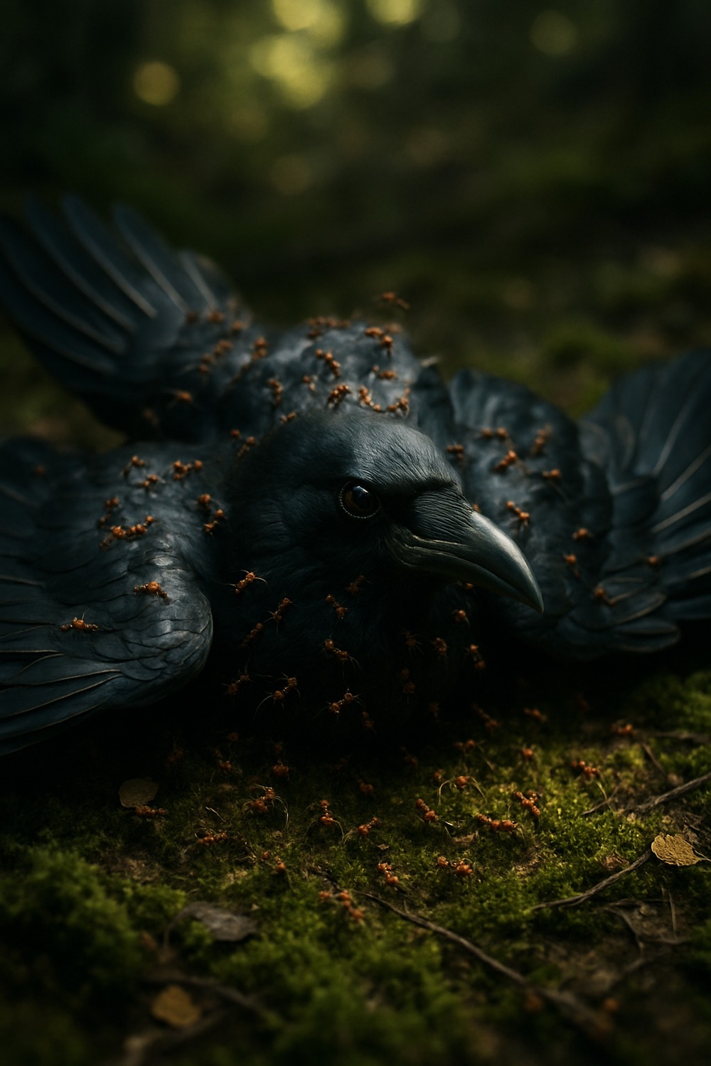 A crow spreads its wings flat on the forest floor over an ant colony