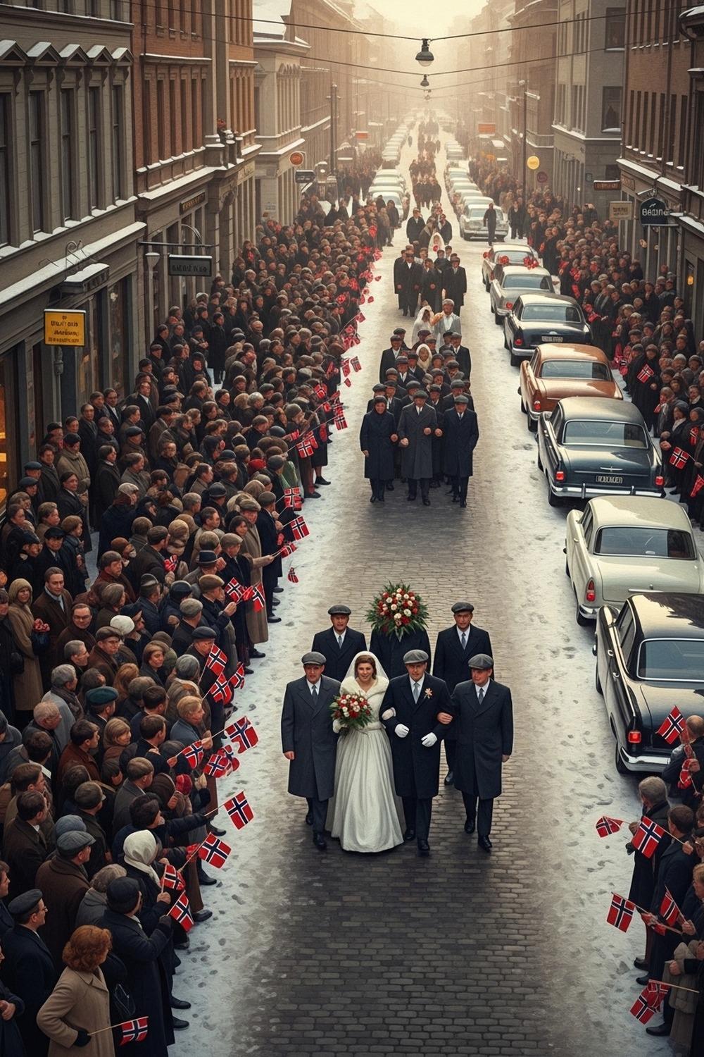 A royal couple walking through snow-dusted Oslo streets on their wedding day in 1968