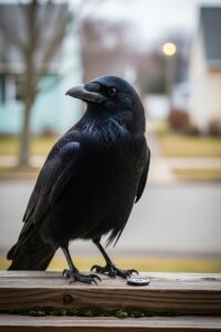 A glossy black crow perched on a weathered windowsill beside a small shiny button