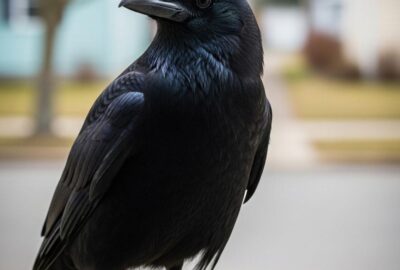 A glossy black crow perched on a weathered windowsill beside a small shiny button