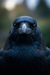 A striking black crow staring directly forward with intense, intelligent eyes