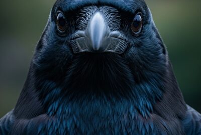 A striking black crow staring directly forward with intense, intelligent eyes