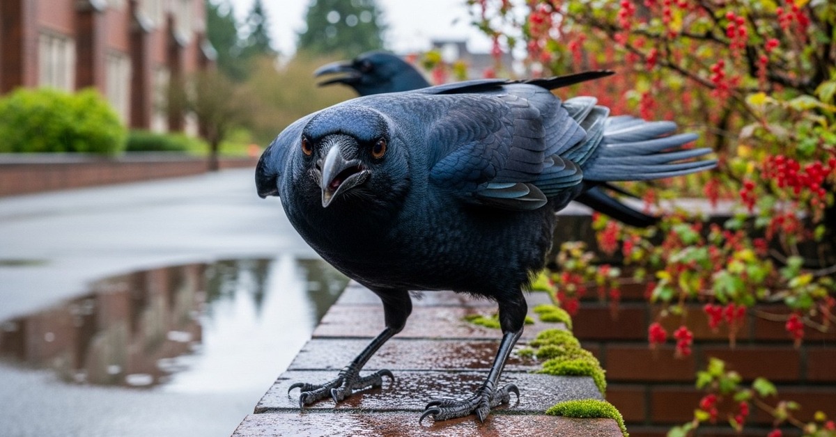 Crow perched on urban fence in Seattle, wings slightly raised in warning posture