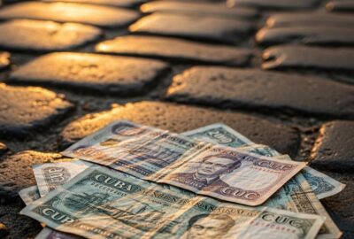 Weathered Cuban peso banknotes spread across a cracked Havana street pavement in sunlight