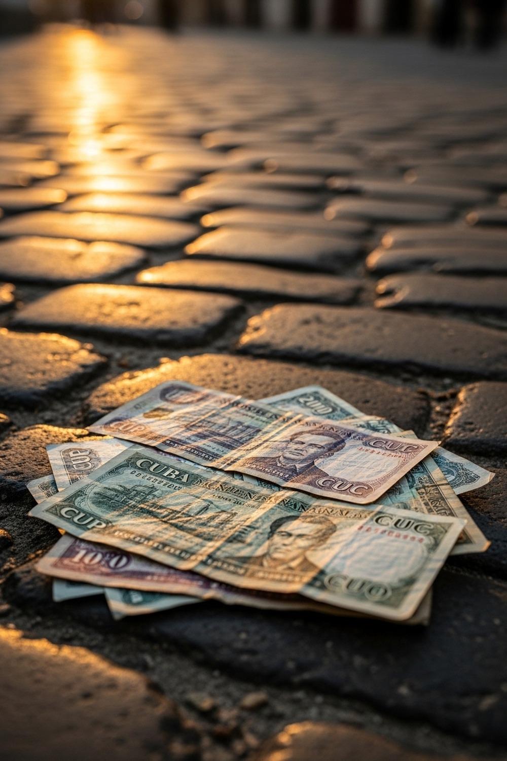 Weathered Cuban peso banknotes spread across a cracked Havana street pavement in sunlight