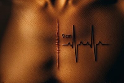 Close-up of a father's chest tattoo replicating his child's open heart surgery scar